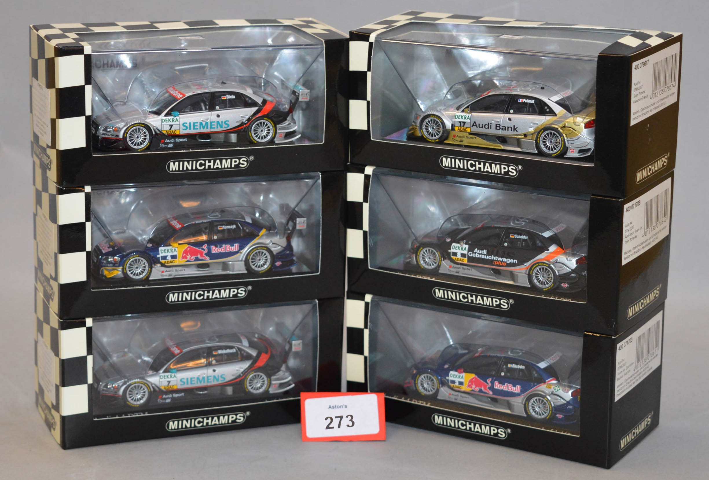 Minichamps. Six Audi A4 DTM diecast model cars in 1:43 scale.