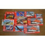 Ten boxed Airfix kits, mainly aviation related subjects in 1:72 scale, including BAE Systems Hawk,