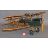 A wooden model SE5 aeroplane, possibly 1:8 scale, with working parts, length approx.