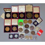 A boxed quantity of Royal commemorative medallions including nine 1902 bronze 56mm (most cased),