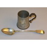 A Victorian nickel basting spoon together with a pewter tankard with military inscription date 1859,