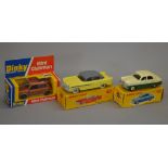 Three boxed Dinky Toys diecast model cars, 162 Ford Zephyr Saloon, cream over green,