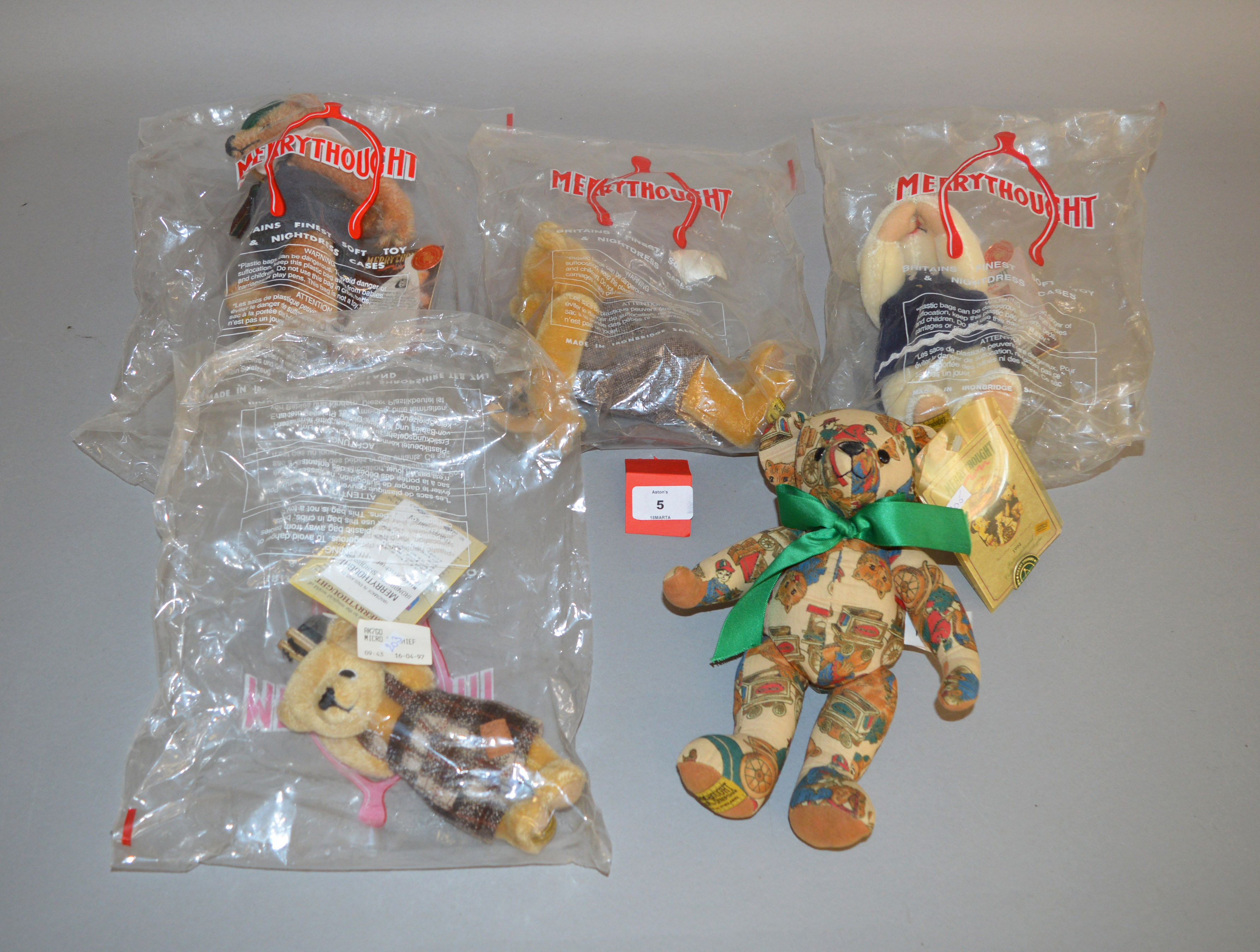Five Merrythought teddy bears: Micro Mischief, ltd.ed. 216/1000; School Report Mischief, ltd.ed.