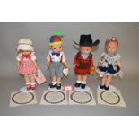 Four Effanbee replica Patsy dolls: Patsy Cowgirl; Holiday Patsy; Patsy (1933); Petey.