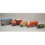 Five unboxed vintage tinplate and plastic models with clockwork and friction drive including a Chad