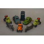 Five unboxed Johillco metal models, including three 'Mack' style trucks, two with searchlights,