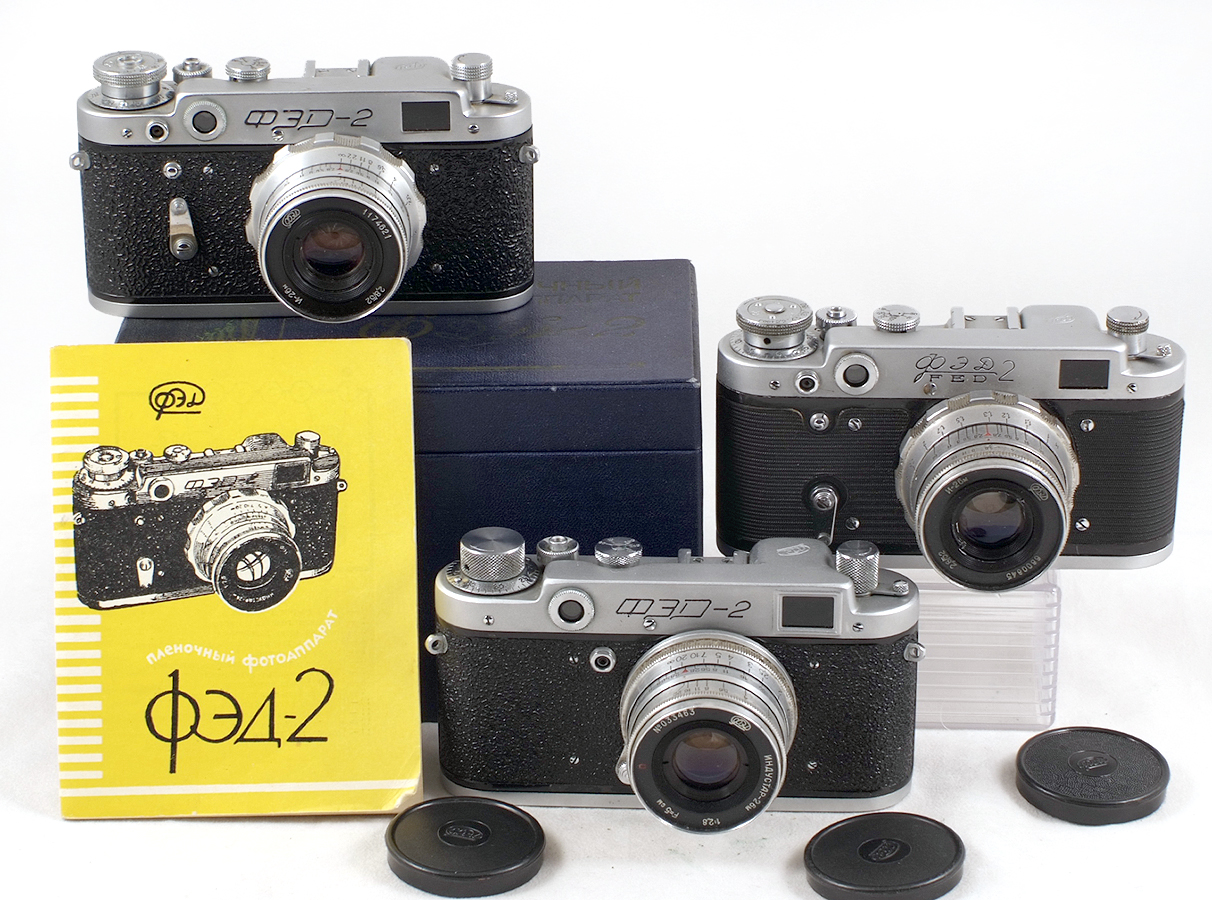 Three FED-2 Cameras. FED-2 Type B Camera, 1957 INDUSTAR-26M 2.8/50, Lens cap & case.