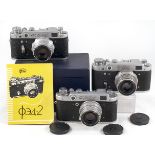 Three FED-2 Cameras. FED-2 Type B Camera, 1957 INDUSTAR-26M 2.8/50, Lens cap & case.