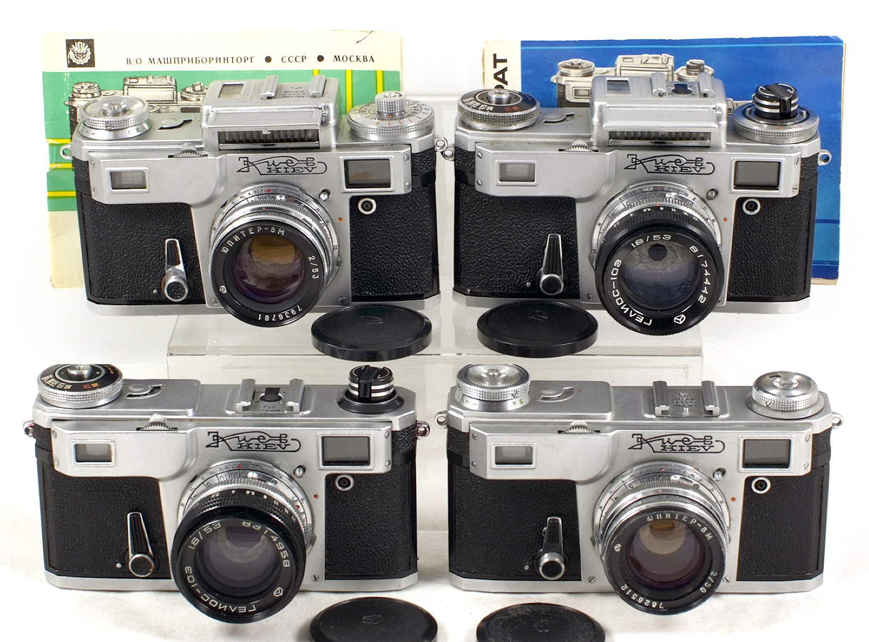 Four Kiev 4 Cameras. Comprising KIEV 4 (Type 3) 1979. JUPITER-8M 2.0/53. Lens cap, case & manual.