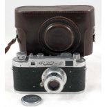 Early FED-2 Pre-series Camera. 1952-54. FED 3.5/50, lens cap & case.