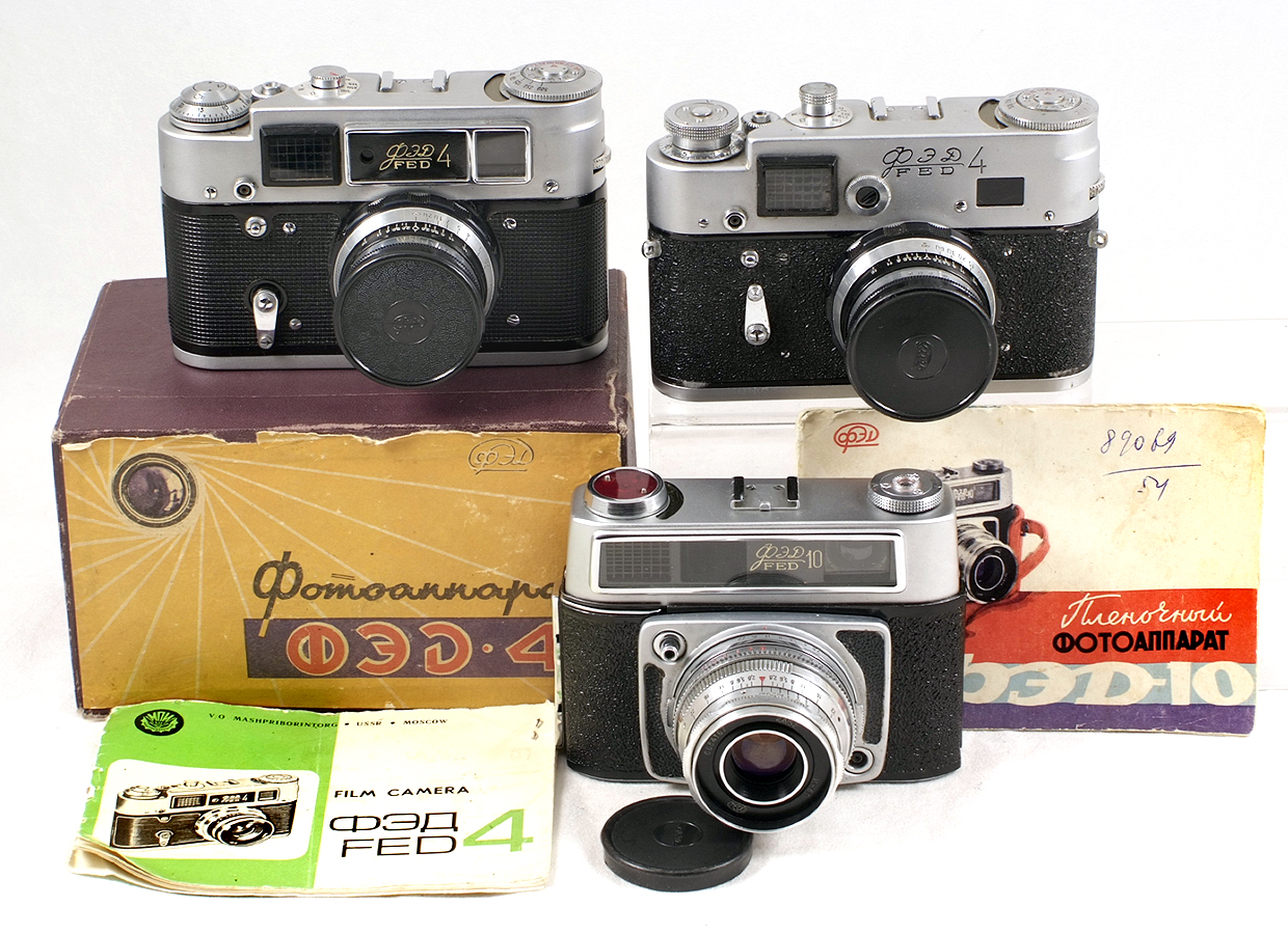 Three FED Cameras, inc Uncommon FED 10. FED-10, 1966 with lens cap, case & manual. INDUSTAR-61 2.