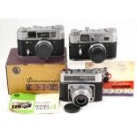 Three FED Cameras, inc Uncommon FED 10. FED-10, 1966 with lens cap, case & manual. INDUSTAR-61 2.