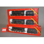 OO gauge. Three Hornby locomotives: two R150 4-6-0 LNER black '7476'; R061 4-6-0 LMS black '5112'.