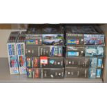 10 x plastic model kits, all cars: eight Revell; two Tamiya. Contents not checked, P-G+ boxes.