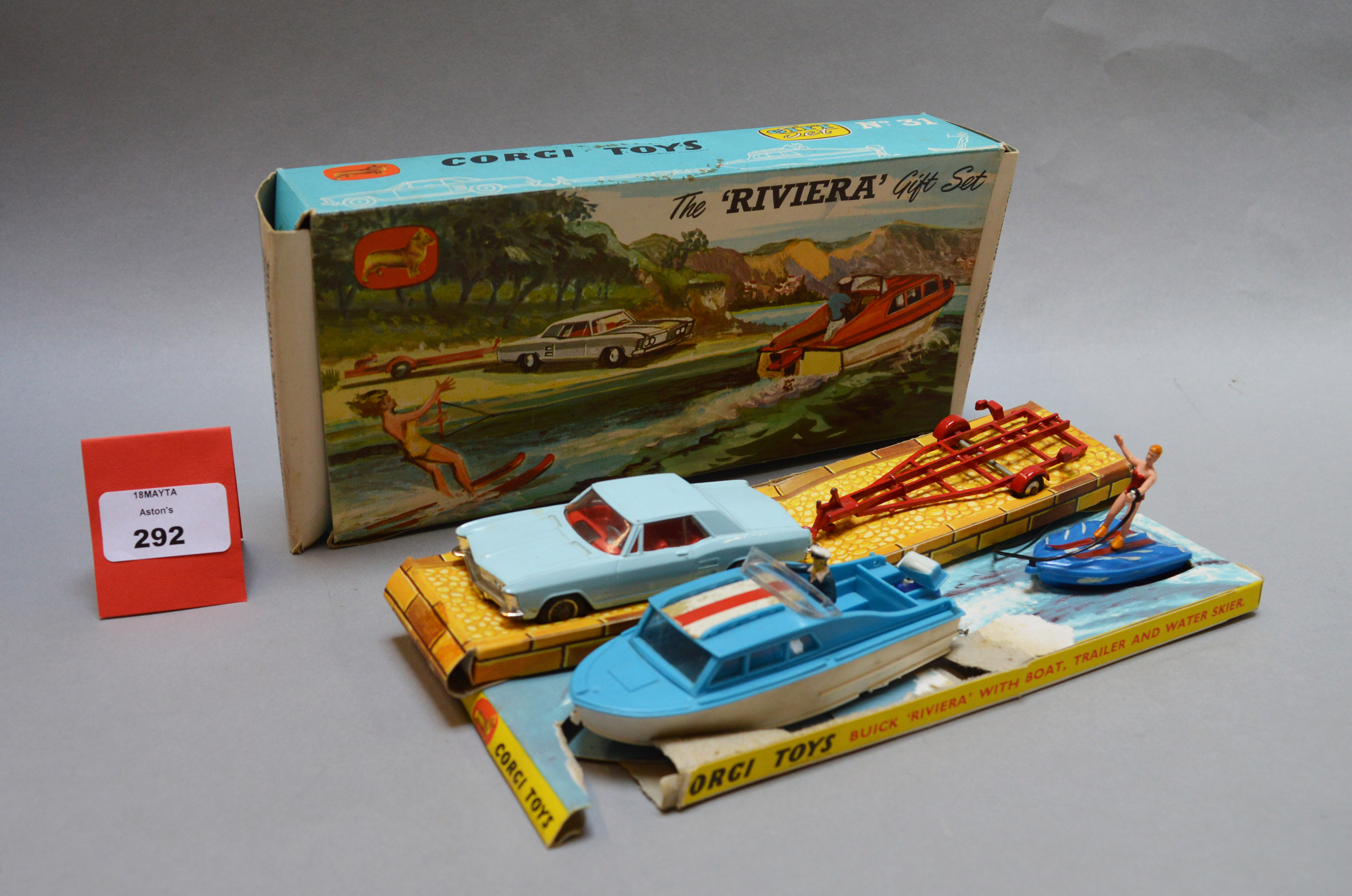 A boxed Corgi Toys GS 31 'The Riviera Gift Set', containing Buick Riviera in pale blue, red trailer,