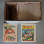 Over 100 UK comics in comic box including 2000 AD featuring Judge Dredd, Valiant,