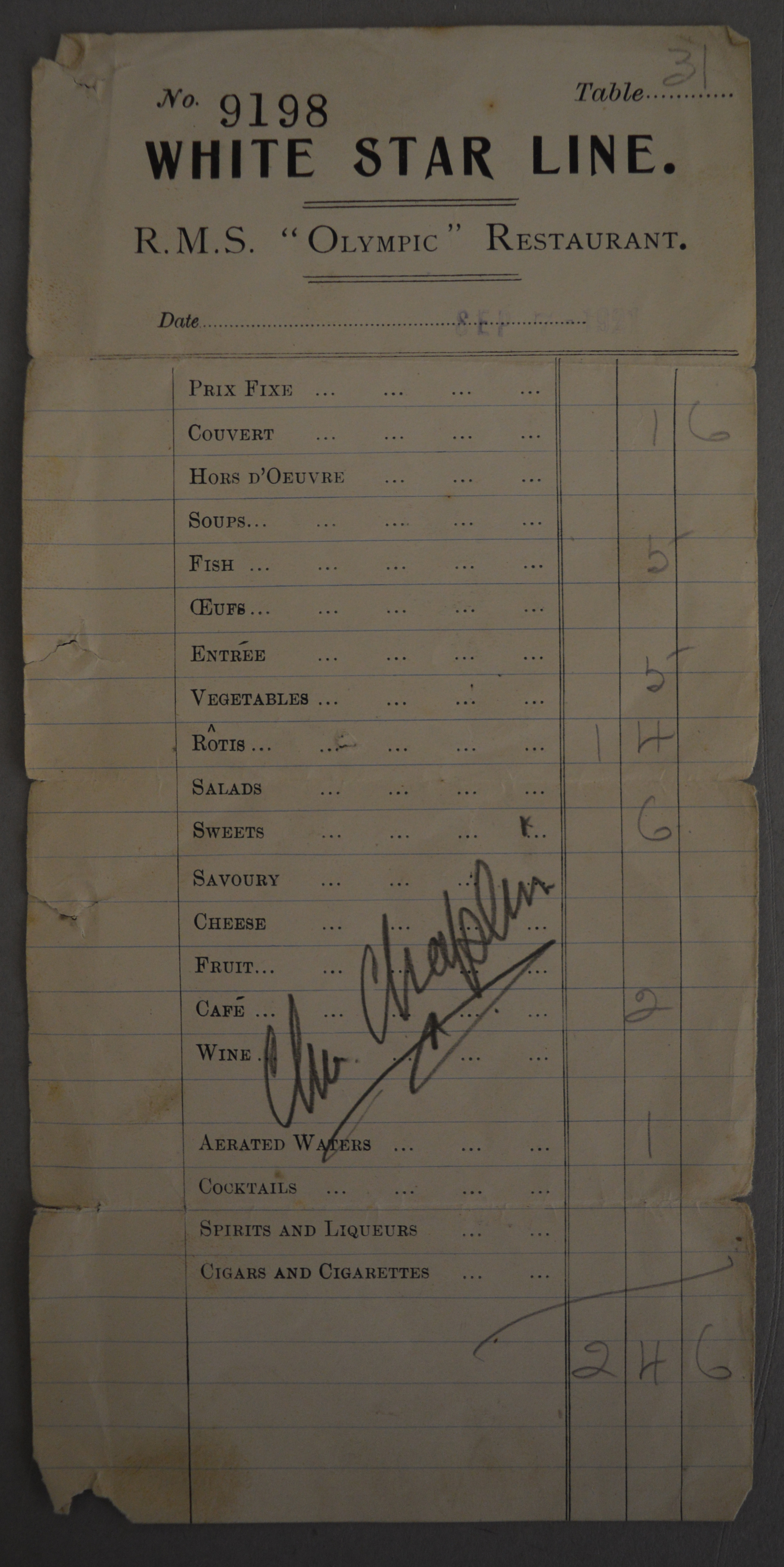 Charlie Chaplin original autograph signed in pencil on White Star Line RMS Olympic Cruise Ship