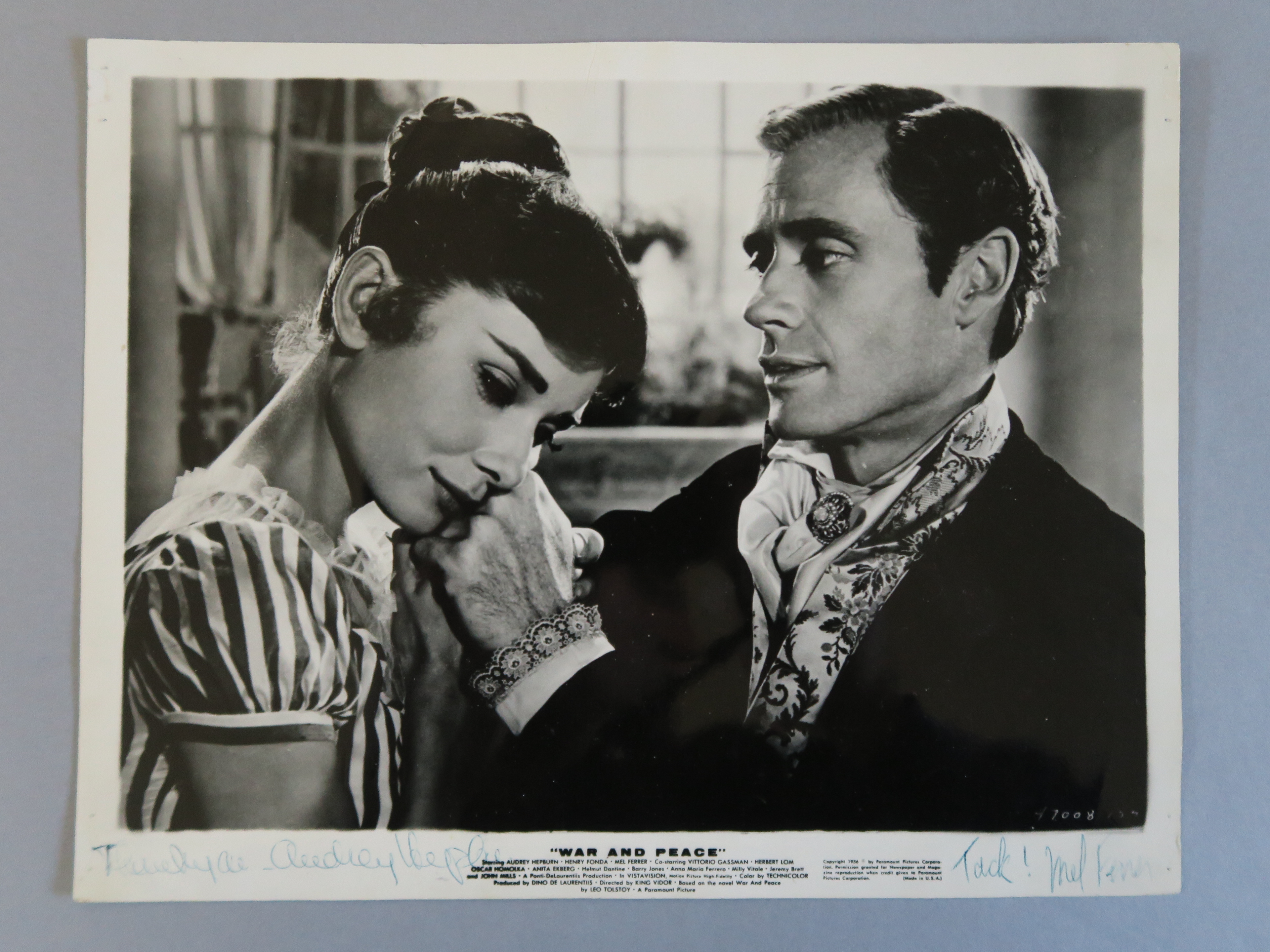 Audrey Hepburn original signed "War and Peace" 10 x 8 inch cinema still also with Mel Ferrers