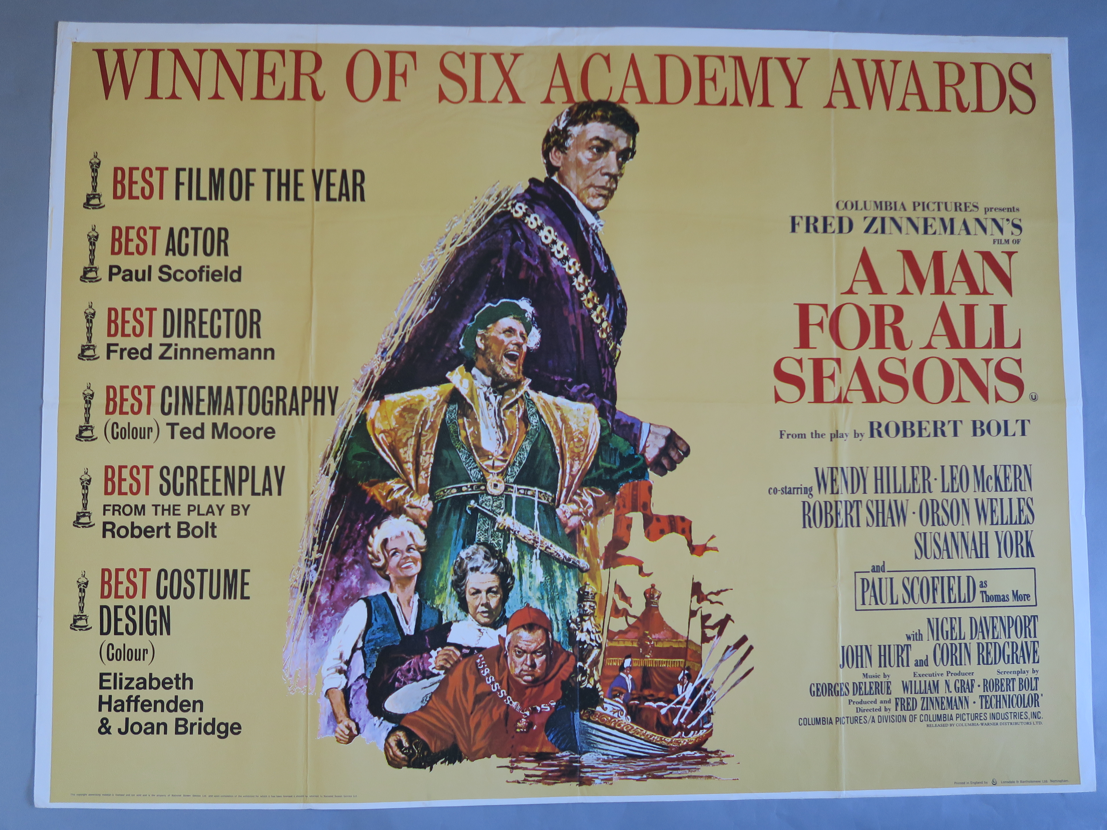 "A Man for All Seasons" British Quad film poster starring Orson Welles,