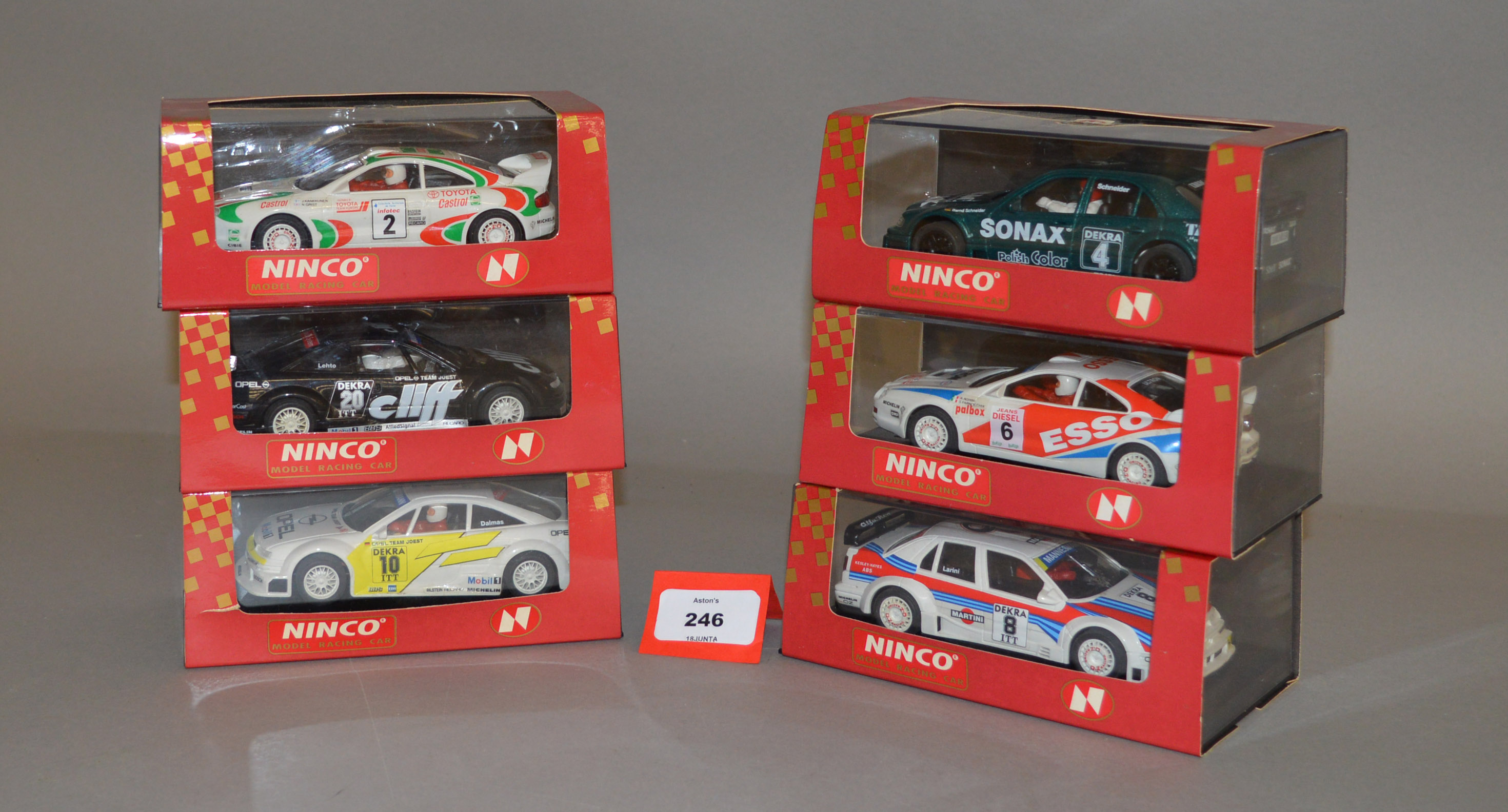 Six Ninco slot cars: 50110; 50106; 50109; 50115; 50112; 50114. Boxed and overall appear VG-E.