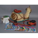 A mixed lot: Mobo Rocking Snail; Jolly cast money bank; tinplate car;