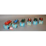 Six Triang Scalextric cars: C62 Ferrari in red; C63 Lotus in red; C59 BRM in green;