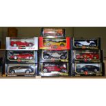 Eight boxed Bburago 1:18 scale diecast model cars and a boxed Maisto Special Edition model of a