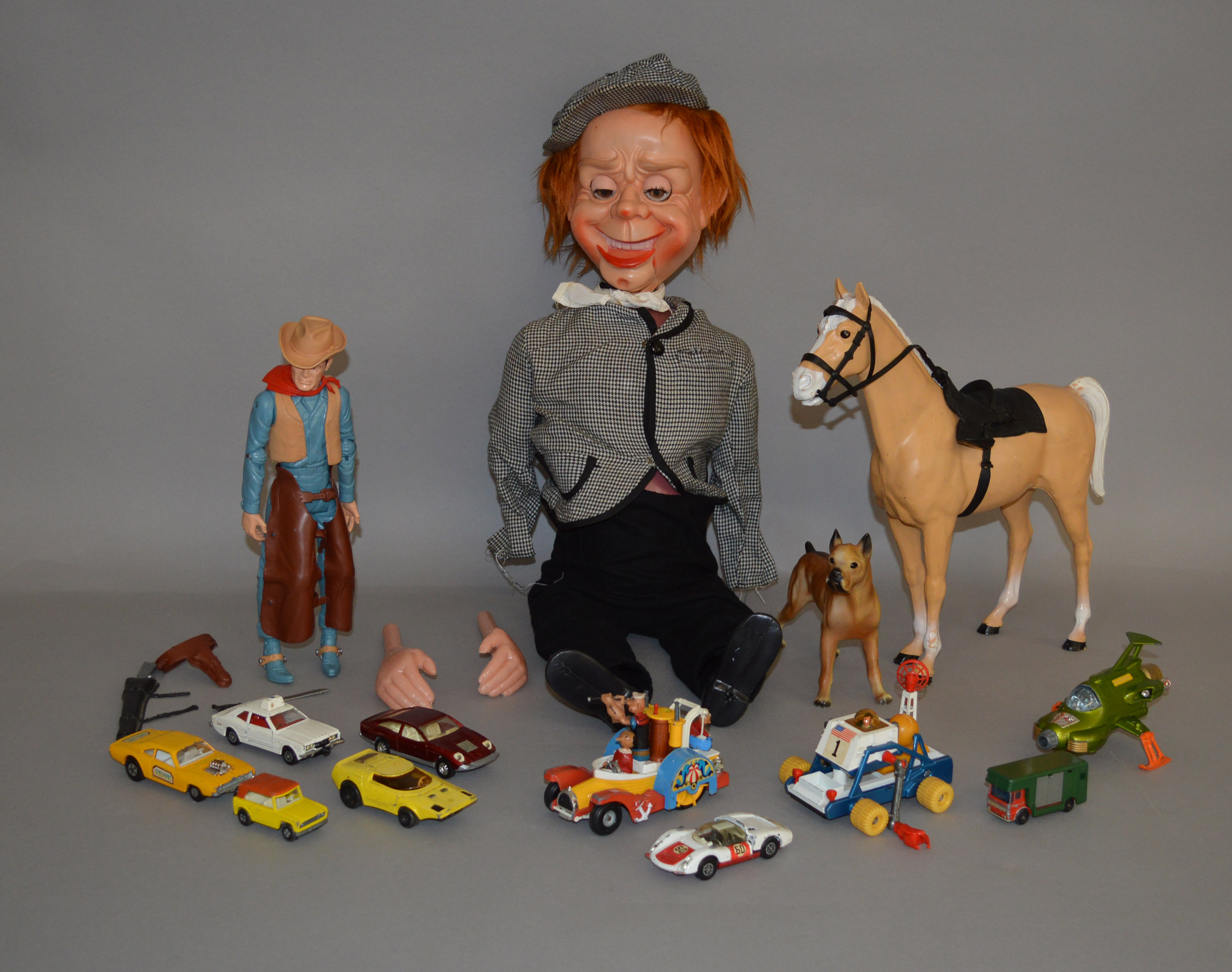 Mixed lot: ventriloquist dummy; Marx Johnny West figure with horse; Palitoy Action Man dog;