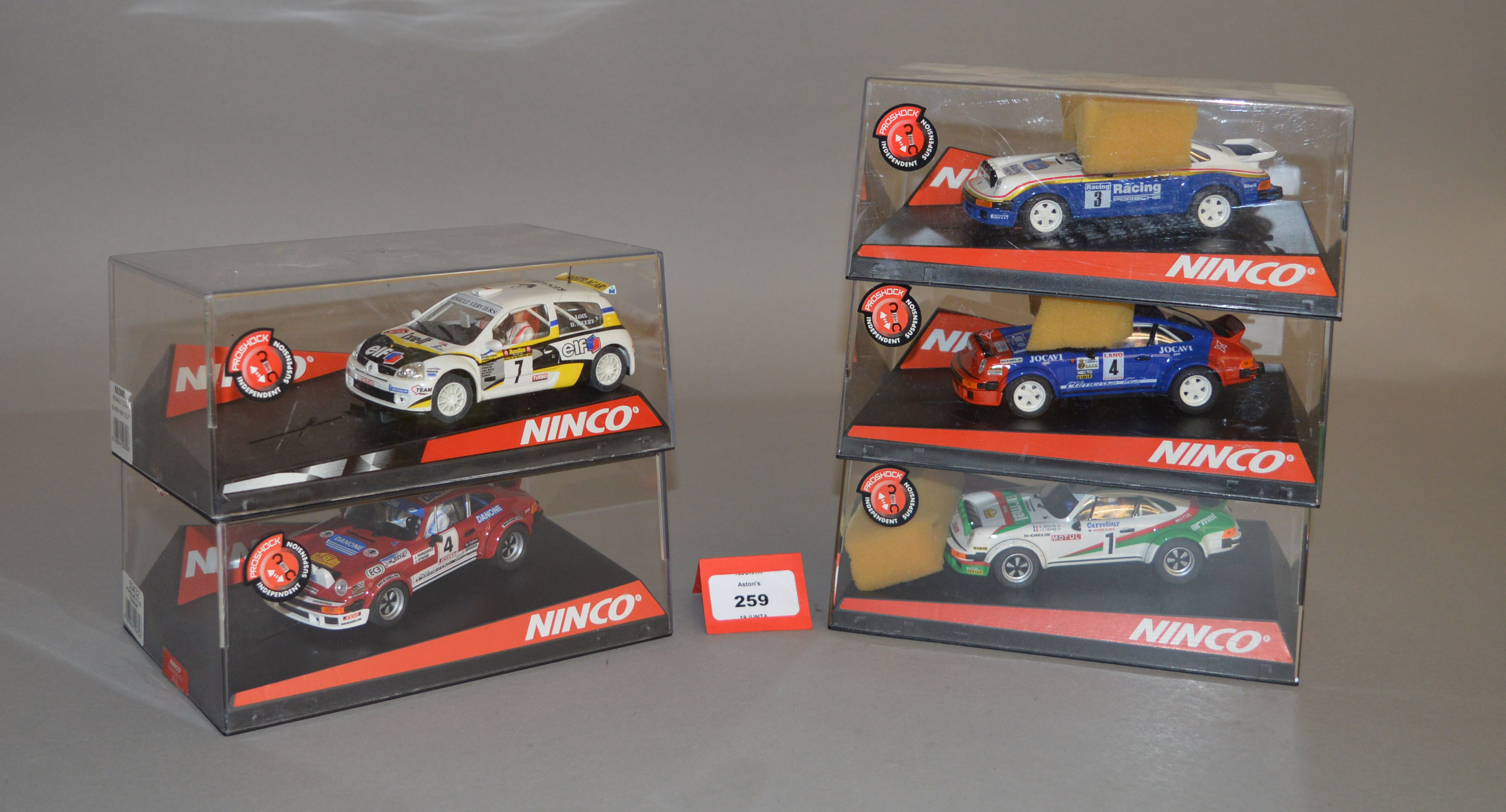 Five Ninco slot cars: 50432; 50386; 50300; 50371; 50361. Boxed, G-E.