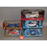 Five 1:18 scale diecast model cars: AutoArt Toyota Corolla WRC; Road Legends Shelby Cobra;