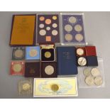 A small boxed quantity of coins & medallions to include a 1970 proof set & commemorative coins etc