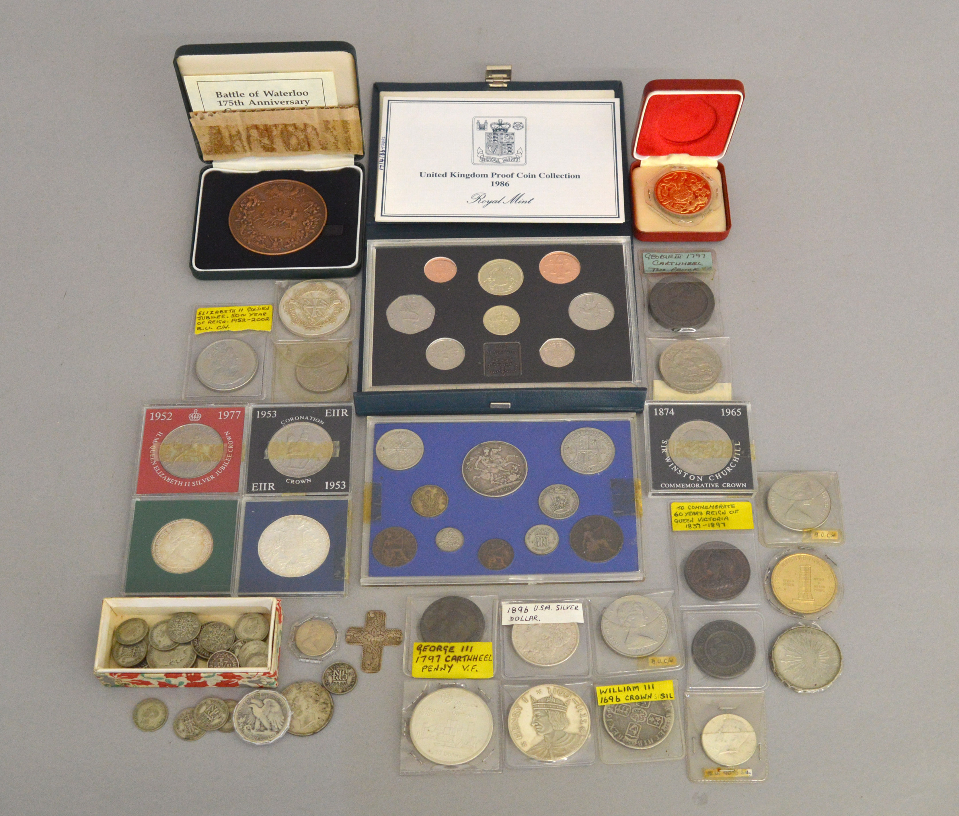 A quantity of coins & medallions to include 1986 proof coin set, 1696 William III crown (fair),