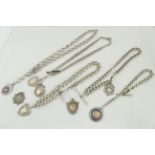 Five silver Albert chains (two double) one T-bar metal, with eight silver H/M shield fobs,