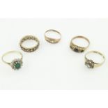 Four 9ct H/M dress rings (some stones missing), with another ring stamped 9ct,
