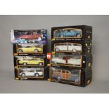 Eight boxed Maisto diecast model cars in 1:18 scale including Cadillac Eldorado Biarritz,