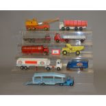 Nine unboxed Dinky Toys diecast commercial vehicle models including a Foden (type 2) Mobilgas