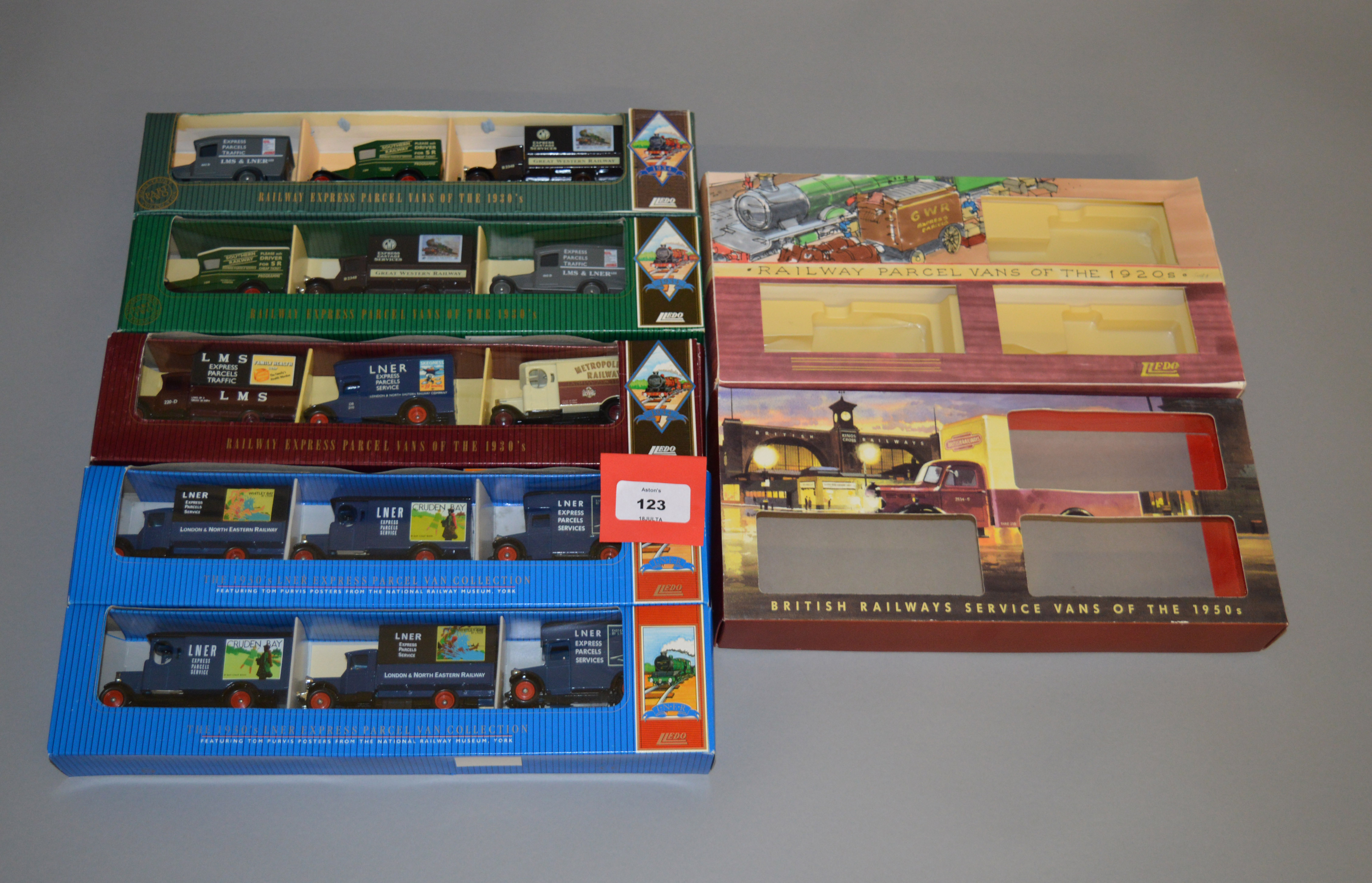 Three different pre-production packaging mock up boxes for various Lledo Days Gone 'Railway Express