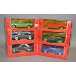 Six Mira 1:18 scale diecast model cars: 1955 Buick Century; three Ford Mustang; 1949 Ford;