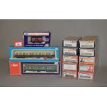 OO Gauge. Four locomotives together with eight coaches and dummy cars, by Lima, Mainline etc.