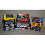 Nine diecast models, all 1:18 and 1:24 scale, by Bburago, Maisto and others,