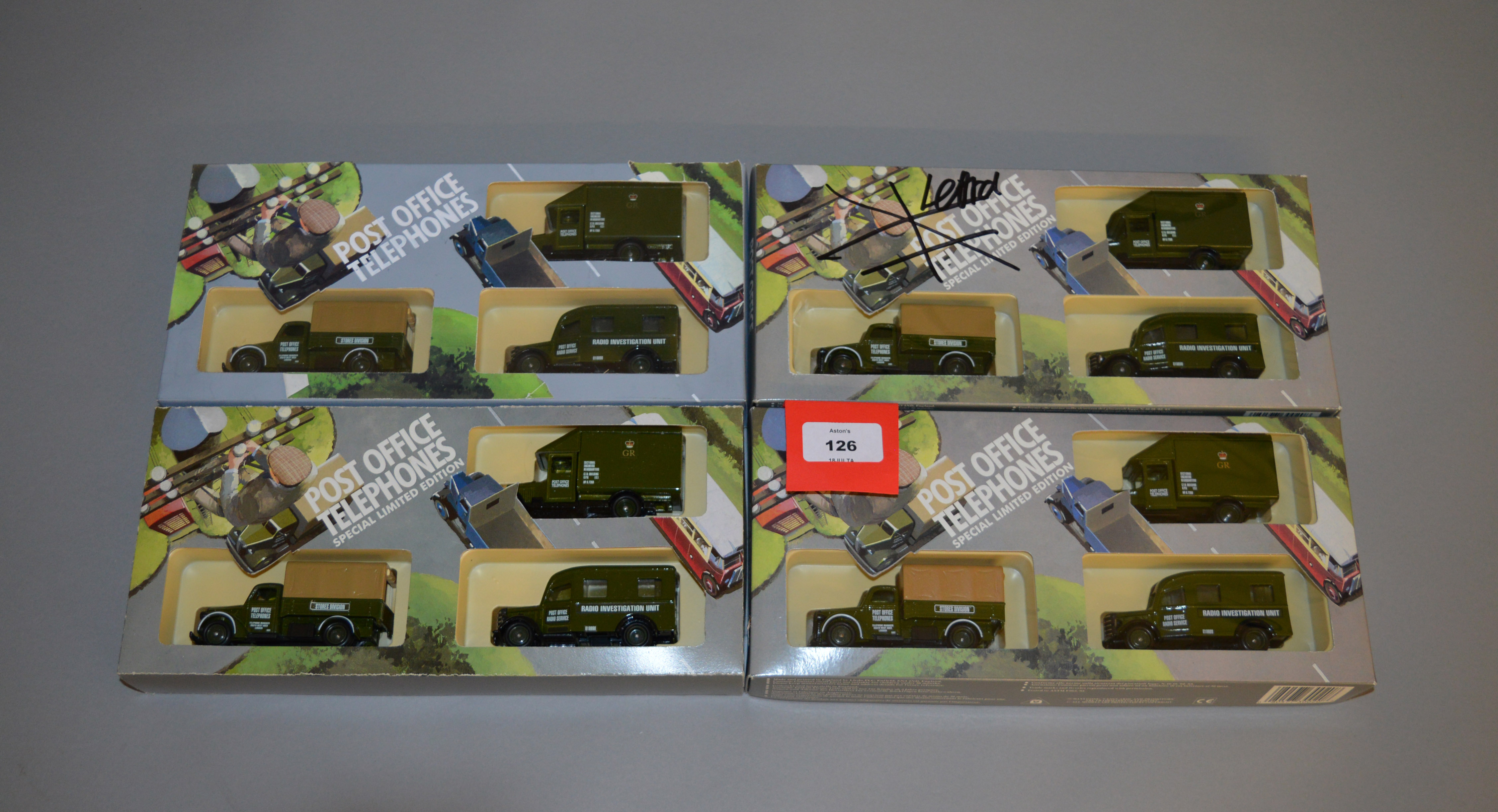 Two versions of the pre-production packaging for the Lledo 'Post Office Telephone' diecast model