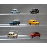 Six unboxed Lledo pre-production prototype Austin Mini and Mini Van metal models,