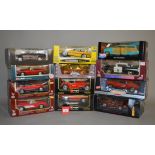 Eight 1:18 scale diecast models by Bburago, Hot Wheels, Road Legends and similar.