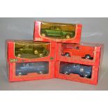 Five Mira 1:18 scale diecast model cars: 1950 Chevrolet CarryAll Suburban; 1956 Ford F100;