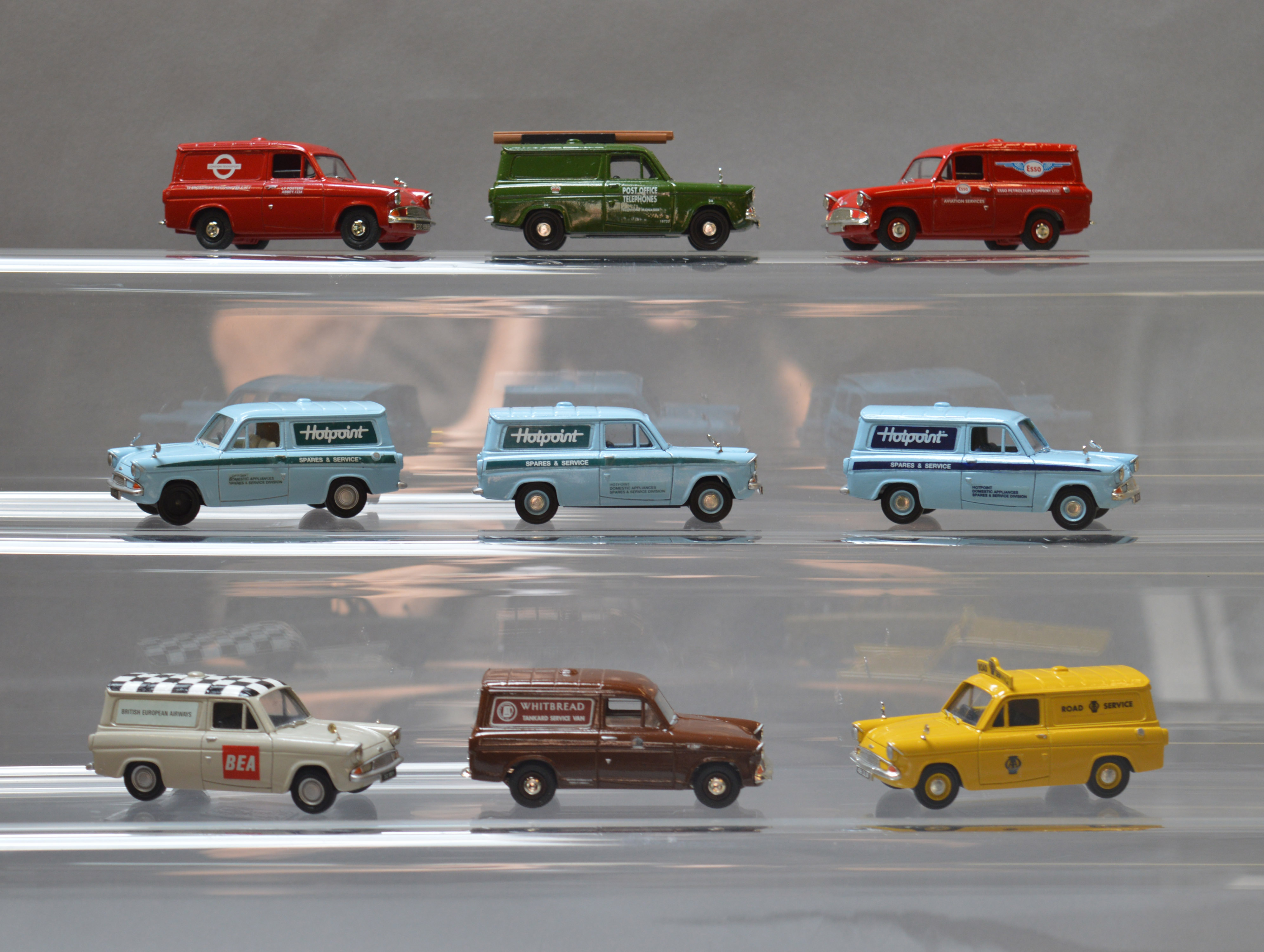 Six unboxed Lledo pre-production prototype Vanguards Ford Anglia Van resin models, 3 x 'Hotpoint',