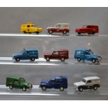 Nine unboxed Lledo Vanguards pre-production metal van models, various liveries,