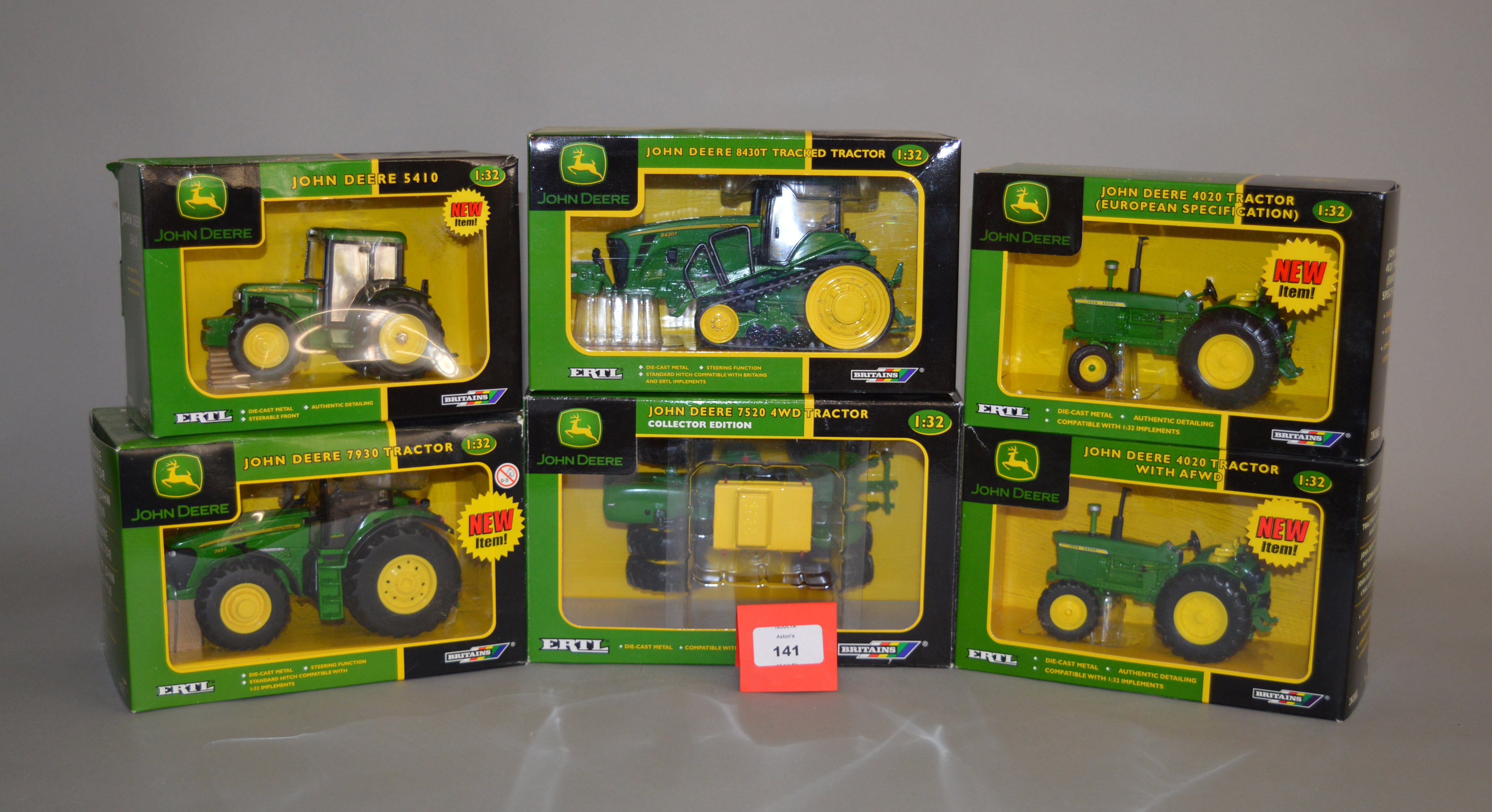 Six Britains/ERTL John Deere 1:32 scale diecast agricultural models. All boxed and E, but dusty.