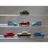 Six unboxed Lledo Vanguards pre-production resin car models, including Austin A35, Hillman,