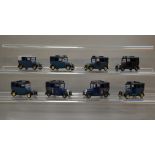 Five unboxed Lledo resin Pre-production prototype models of the DG47 1933 Austin Taxi,