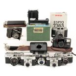 Box of Collectable Cameras to Include Voigtlander Vito B & CD, Nikon M-35s Microscope Camera.